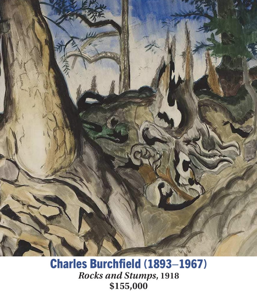 Charles Burchfield (1893–1967), Rocks and Stumps, 1918, Watercolor and charcoal on paper, American modernist painting, detail image