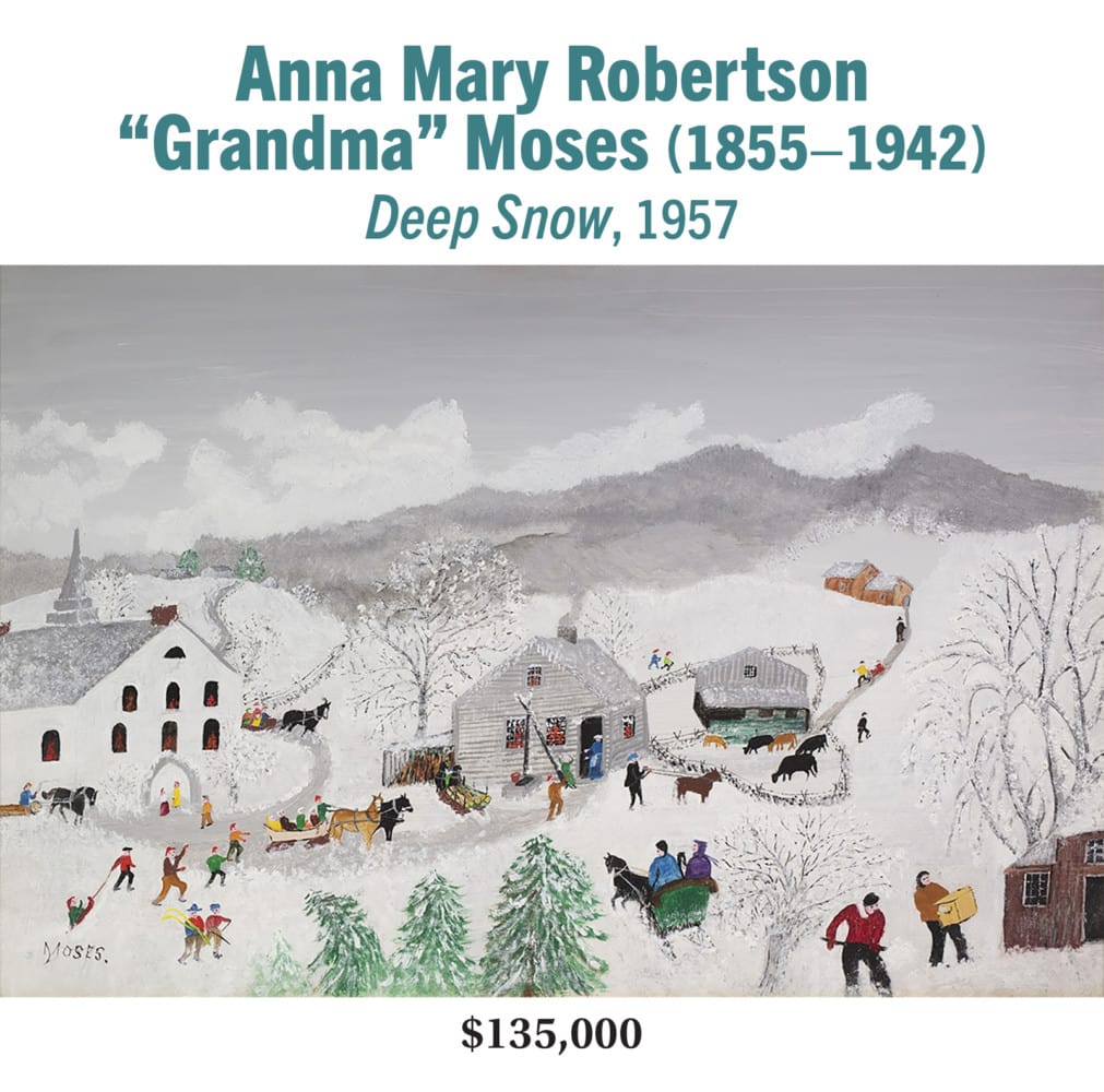 Anna Mary Robertson “Grandma” Moses (1860–1961), Deep Snow, 1957, oil on board, American modernist landscape painting