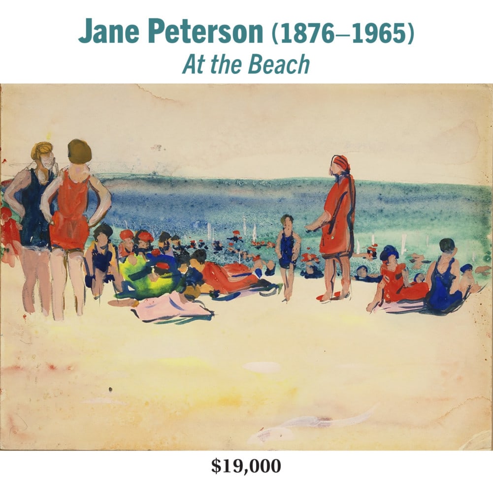 Jane Peterson (1876–1965), At the Beach, Watercolor, gouache, and pencil on paper laid down on board, American impressionist landscape painting