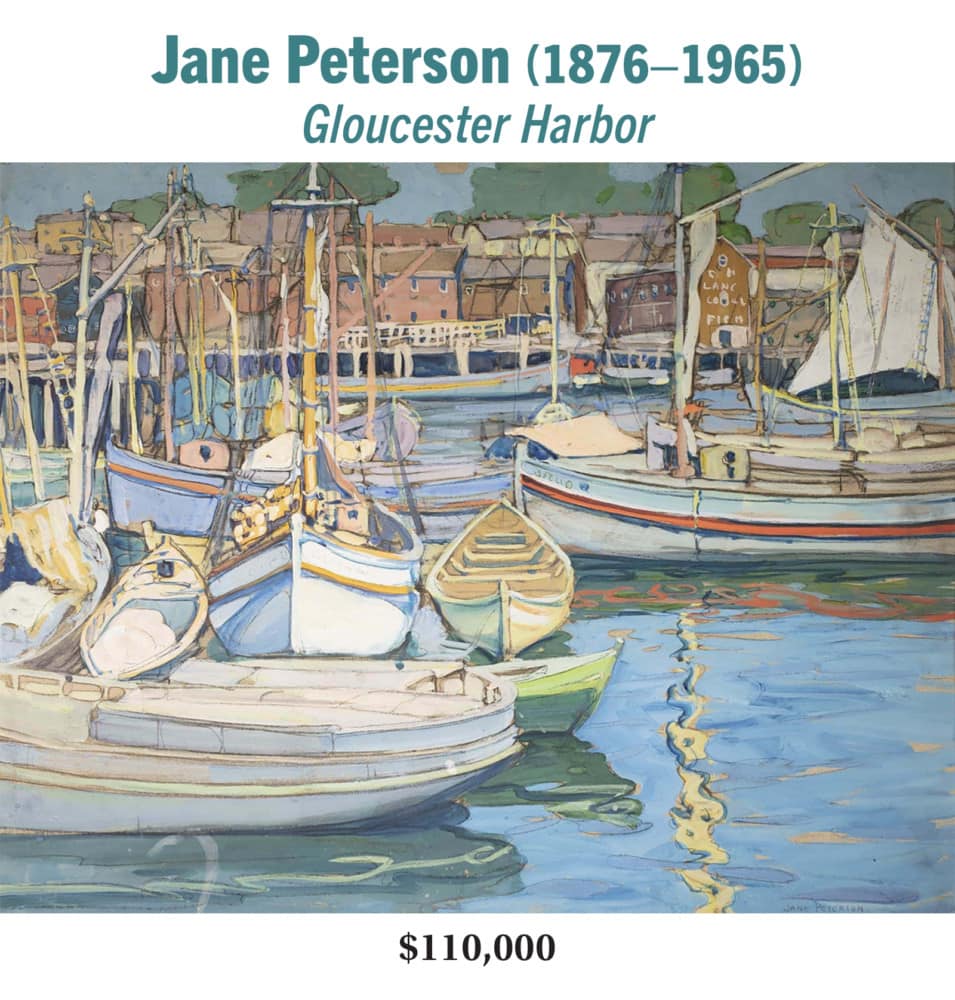 Jane Peterson (1876–1965), Gloucester Harbor, Gouache and charcoal on paper, American impressionist harbor painting