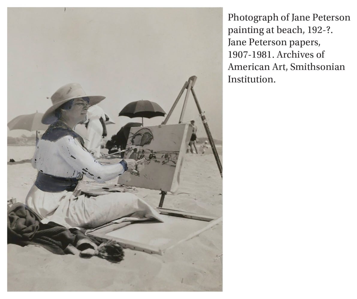 Photograph of Jane Peterson painting at beach, 192-?. Jane Peterson papers, 1907-1981. Archives of American Art, Smithsonian Institution.